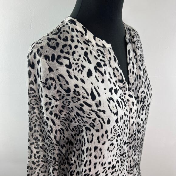 JOIE Purine Gray Black Top Silk Leopard Split Neck Balloon Sleeve Size XSmall XS - Picture 10 of 14